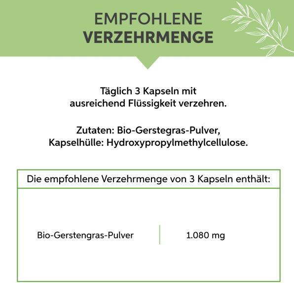 Nutritional values and ingredients Eltabia Organic barley grass capsules 200 (200 Piece, Capsules)