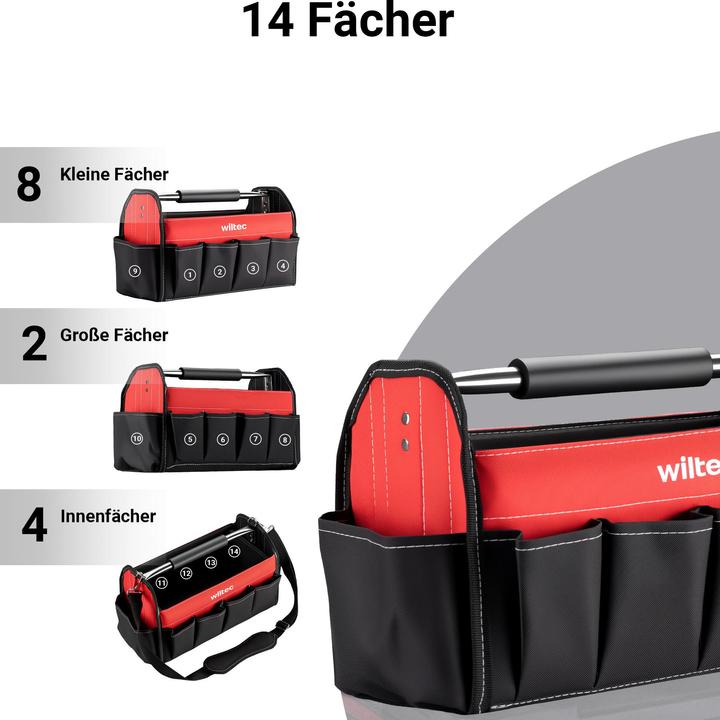 Immagine prodotto Wiltec Borsa porta attrezzi 41x19x25,5 cm Borsa da lavoro 14 scomparti Borsa porta attrezzi Cinturino