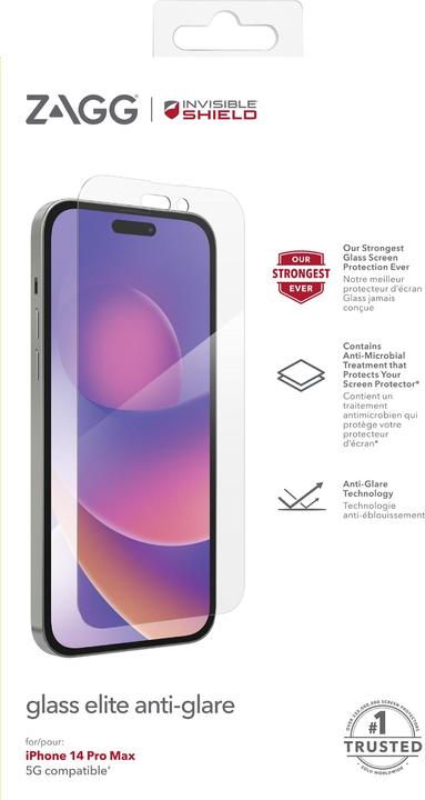Immagine prodotto Zagg InvisibleShield Glass Elite Anti-Glare, Apple, iPhone 14 Pro Max, Resistente alle cadute, Antipolver (1 Pezzo/i, Apple iPhone 14 Pro Max)