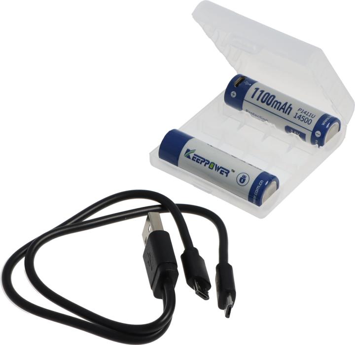 Actual product image Keeppower Li-ion battery 14500 with 1100mAh 3.7V, 50.3x14.2mm, with USB charging option (1 pcs., AA, 1100 mAh, Rechargeable battery)