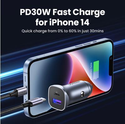 Actual product image Ugreen CD130 Car Charger, USB-A+PD 3.0, USB-C, QC3.0 30W (Grey)