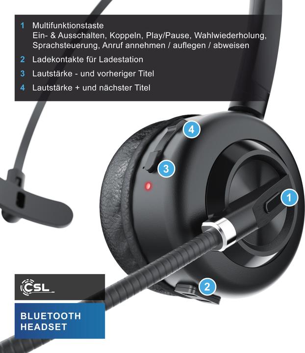 Actual product image CSL Wireless headset, Bluetooth headphones, microphone, charging station, noise cancel, multipoint, BT (Wireless, USB-A)