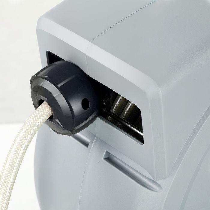 Actual product image Swisshandel24 Schlauchtrommel mit Gartenschlauch 25m, Wandmontage, automatische Aufrollung, Handbrause, Grün+Grau (25 m)