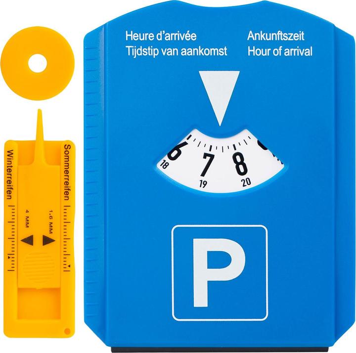 Parking disc with ice scraper, profile meter and shopping chip
