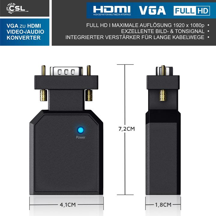 Image du produit CSL Adaptateur VGA vers HDMI avec Audio + VGA + USB, Convertisseur VGA vers HDMI pour PC, Ordinateur (HDMI, 7.60 cm)
