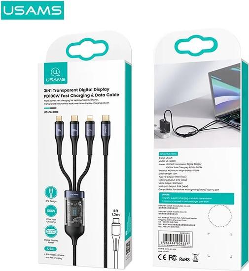 Actual product image Usams US-SJ600 U83 3IN1 Transparent Digital Display PD100W Fast Charging & Data Cable 1.2m C To C+L+M (1.20 m, USB 2.0)