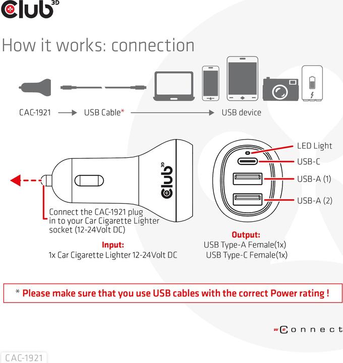 Immagine prodotto Club 3D Caricatore da auto USB Club3D 1xUSB C, 2xUSB A, 36W, 12/24V al dettaglio