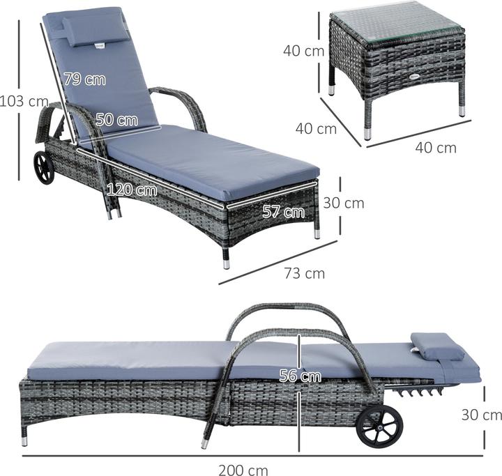 Image du produit Outsunny Chaise longue de jardin en rotin en set de 3 pièces (200 cm)