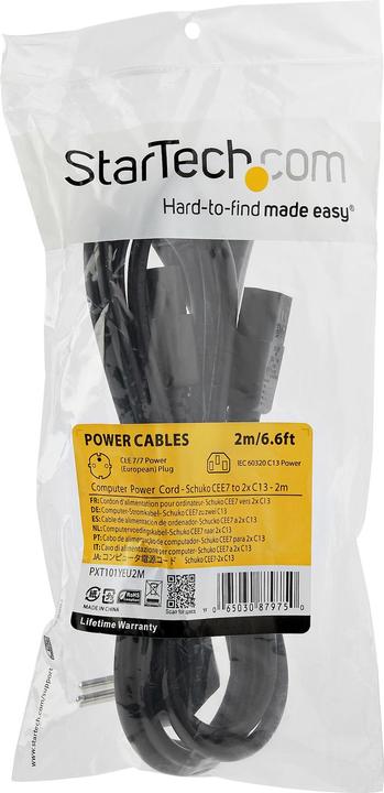 Actual product image StarTech 2m C13 power cable - Schuko CEE7 to 2x C13 - Y power cable - C13 cold device cable (2 m)