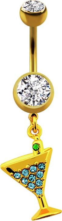 Produktbild Star Piercing Banane vergoldet mit Anhänger Cocktail und Kristall aqua (ohne Messing, Chirurgenstahl 316L)