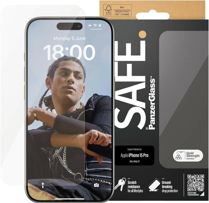 Actual product image PanzerGlass SAFE. Screen Protector iPhone 2023 6.1" Pro Ultra-Wide Fit (1 Piece, Apple iPhone 15 Pro)