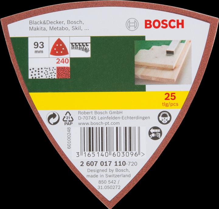 Image du produit Bosch Zubehör Set de feuilles abrasives pour ponceuses Delta, 93 mm, 240, 6 trous, pack de 25 (240)