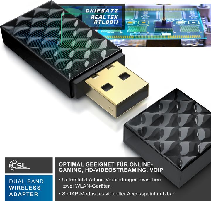 Image du produit CSL Adaptateur WLAN USB, clé USB AC450 WIFI Dual Band, 433 MBit/s, 2.4 GHz / 5 GHz, 802.11ac, WPS (USB 2.0)