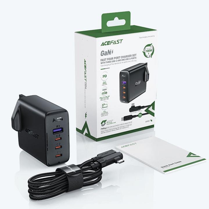 Produktbild Acefast Set of 2x fast charger GaN UK 100W Power Delivery 3x USB C 1x USB - white / black (100 W)