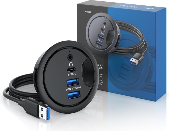 Actual product image CSL Multi hub for desktop cable entry: 2x USB 3.2 Gen1, 1x USB-C, 1x 3.5mm audio, desktop cable socket (USB-A, 4 Ports)