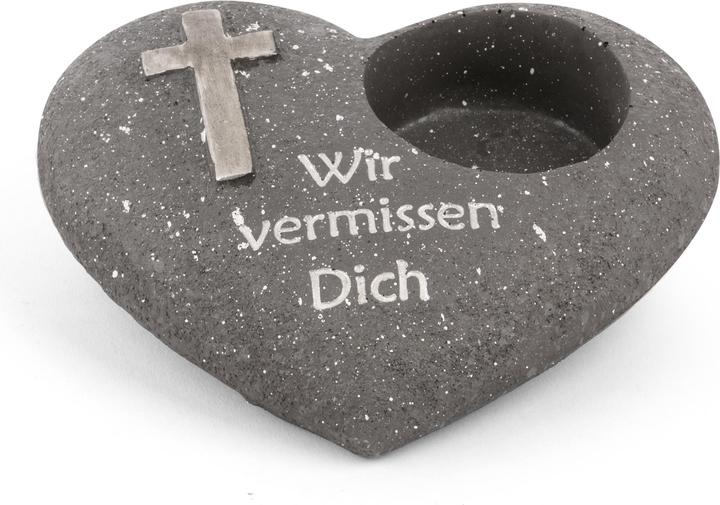 Produktbild Novaliv Grabschmuck Herz Anthrazit mit Kreuz Spruch Wir vermissen Dich Grabdeko Grabherz Wetterfest