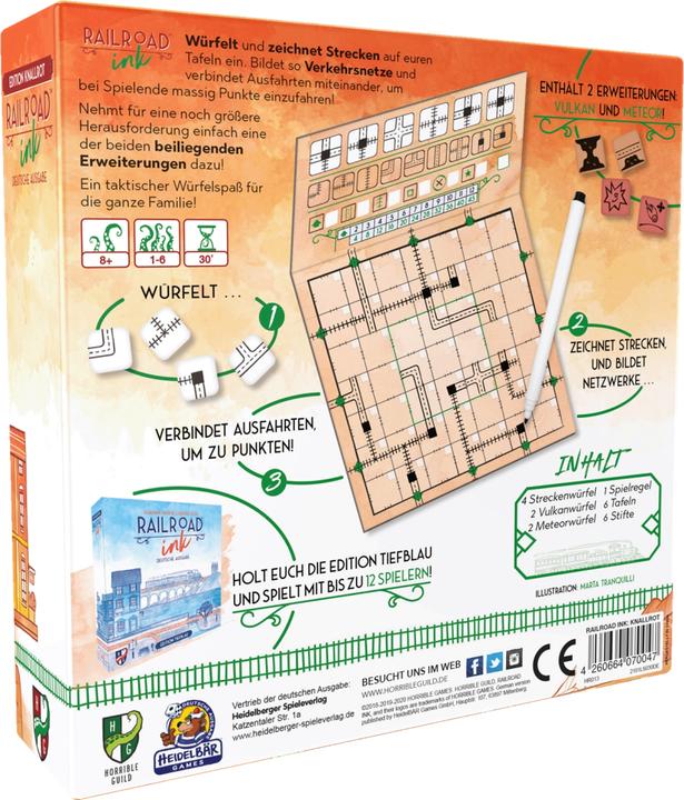 Valeurs nutritives et ingrédients Horrible Guild HR013 - Railroad Ink : Edition Knallrot, jeu de dés, 1-6 joueurs, dès 8 ans (édition FR) (Allemand)