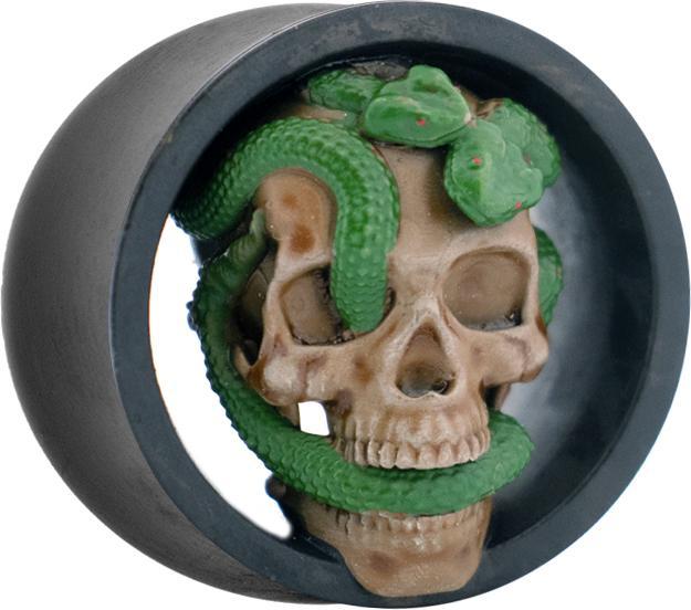 Produktbild Star Piercing Flared Tunnel schwarz Totenkopf mit Schlange links (Harz, ohne Messing)