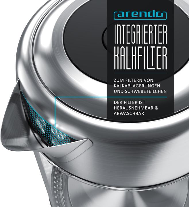 Immagine prodotto Arendo Bollitore da 1,7 l, 2200 W, acciaio inox con corpo in vetro, selezione della temperatura 40°C - (1.70 l)