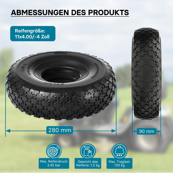 Actual product image Wiltec Tyre for lawn mower 11x4.00-4 4pr with innner tube and curved valve stem garden tractor (Lawn tractor, Garden machinery spare parts)