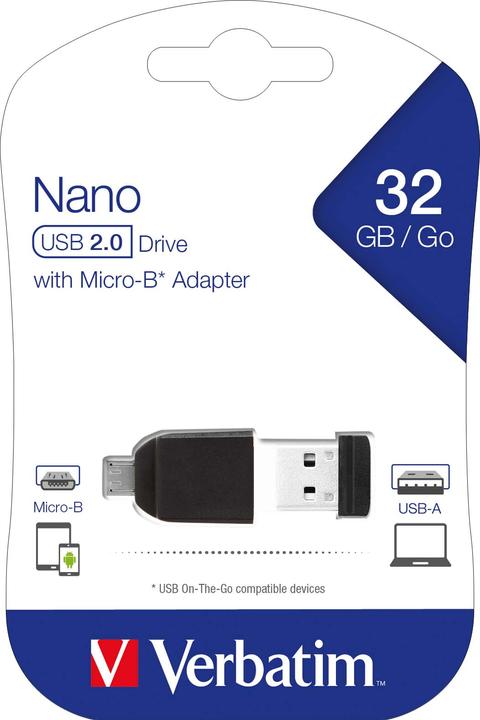 Produktbild Verbatim Nano inkl. OTG Adaptor (32 GB, USB-A, Micro USB, USB 2.0)
