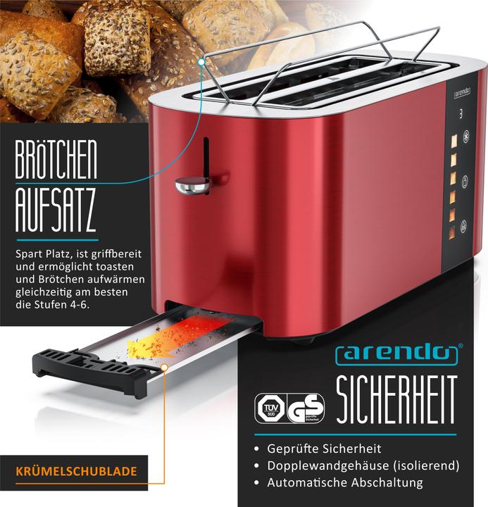 Produktbild Arendo Toaster Edelstahl 4 Scheiben Langschlitz, Bräunungsgrad & Restzeitanzeige, Touch Display, 1500 W