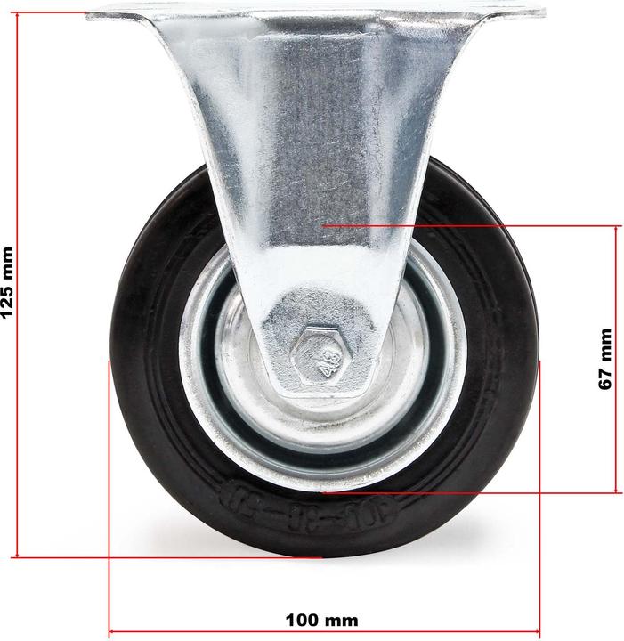 Actual product image Wiltec Set of 2 Solid-rubber Fixed Castors, Transport Rollers 100mm w/Metal Rim, Mounting Plate, 70kg/Roll