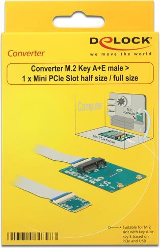 Actual product image Delock Converter M.2 Key A+E male > 1 x Mini PCIe Slot half size / full size with flexible cable