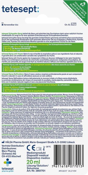 Nutritional values and ingredients Tetesept Rhinitis spray 20 ml (1 Piece)