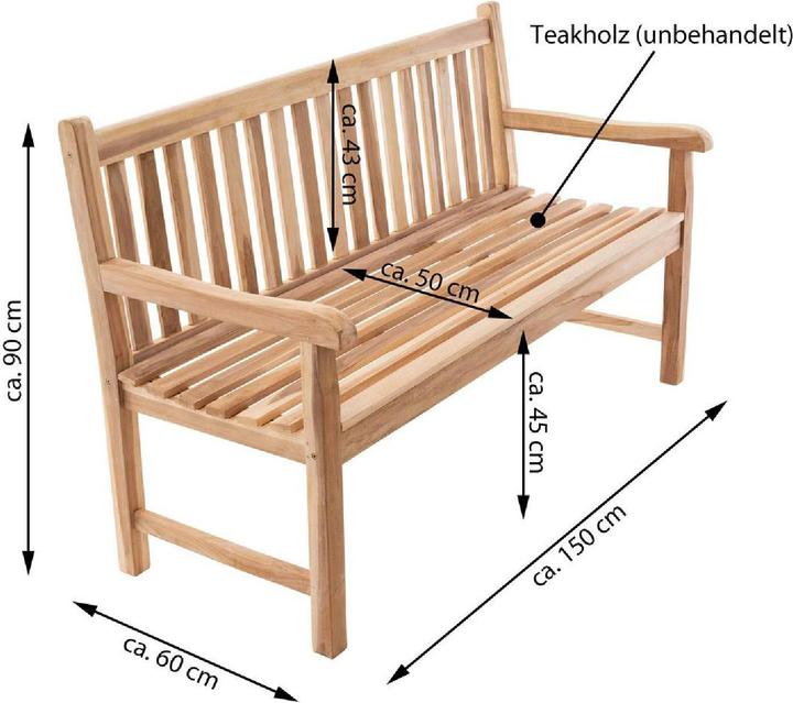Actual product image VCM 3-Sitzer Gartenbank Parkbank hochwertig massiv Teak Holz natur 150 cm