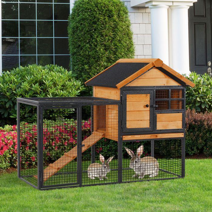 Produktbild Swisshandel24 Kaninchenstall erhöhtes Haustier Haus mit Abschliessbare Tür Outdoor Holz-Metall Hellgelb 122 x 63 x