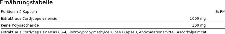 Nährwerte und Zutaten Zein Pharma Cordyceps CS-4 (120 Stück, Kapseln)