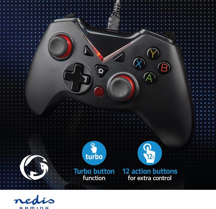Produktbild Nedis Gamepad | USB Type-A | Stromversorgung über USB | PC | Anzahl Knöpfe: 12 | Kabellänge: 1.60 m (PC)