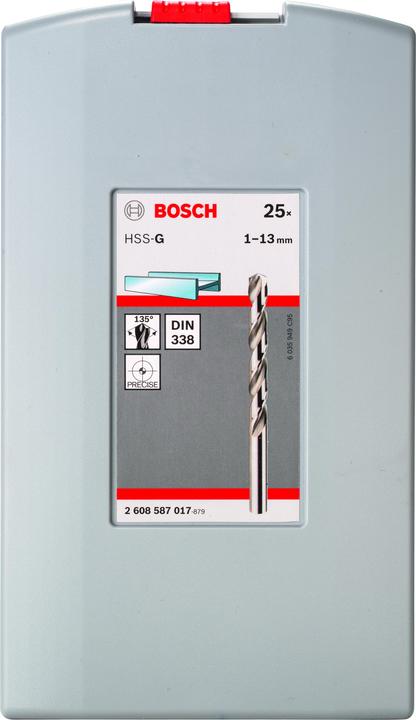 Immagine prodotto Bosch Professional Zubehör Set di punte elicoidali PRO Metal HSS-G, 25 pezzi. (6 mm, 12 mm, 1 mm, 6,5 mm, 5,5 mm, 10 mm, 10,5 mm, 12,5 mm, 1,5 mm, 7 mm, 11 mm, 3 mm, 5 mm, 8,5 mm, 11,5 mm, 8 mm, 2,5 mm, 9 mm, 3,5 mm, 4,5 mm, 2 mm, 7,5 mm, 13 mm, 9,5 mm, 4 mm)