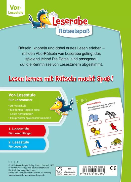 Actual product image Ravensburger Leserabe Rätselspass - Abc-Rätsel für Lesestarter ab 5 Jahren - Vor-Lesest (German, Tanja Mayor, Angelica Penner, 2022)