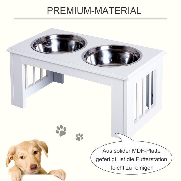 Produktbild Swisshandel24 Erhöhter Hundenapf, Futternapf, Edelstahlnäpfen, Haustier Fressnapf, MDF, Weiss, 58,4 x 30,5 x 25,4 (2 l)