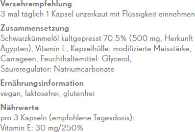 Nährwerte und Zutaten Phytopharma Schwarzkümmelöl (1 Stück, Kapseln, 160 g)