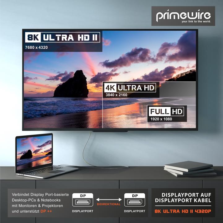 Produktbild Primewire DisplayPort Kabel, 8K Premium DP 1.4 Monitor Kabel, 8k 7680x4320 @ 60 Hz / 4k 3840 x 2160 120Hz (1 m, DisplayPort)