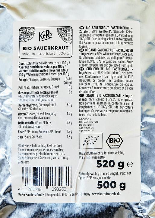 Valeurs nutritives et ingrédients KoRo Choucroute bio pasteurisée (10000 g)