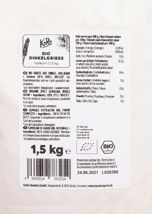 Nährwerte und Zutaten KoRo Bio Dinkelvollkorngriess, grob (1500 g)