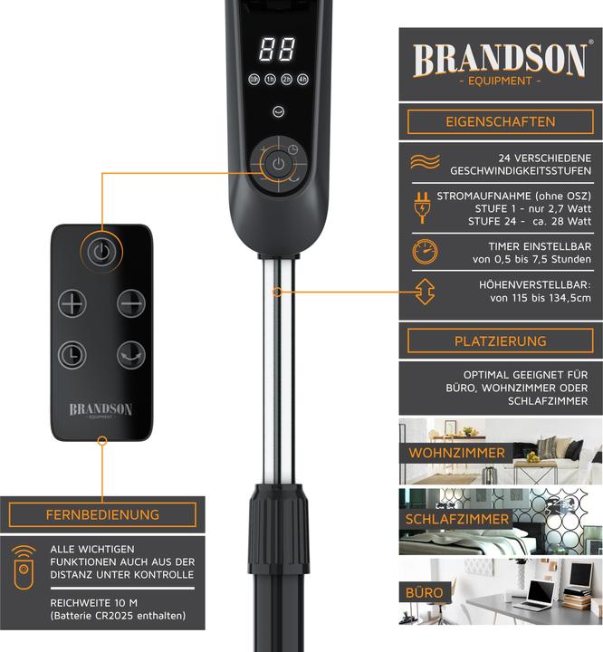 Produktbild Brandson Standventilator 45,5cm Ø, DC, leise, Fernbedienung, energiesparend, Oszillation, 25 Stufen, schwarz (60 dB)