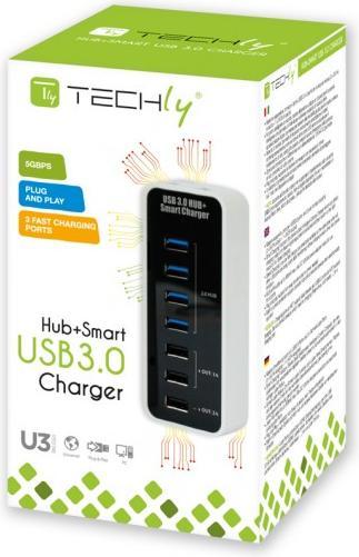 Immagine prodotto Techly Hub 4 Porte USB 3.0 Super Speed + Caricabatterie USB 1A/2A (IUSB3-TLYBV7) (USB-C, 7 Porti)