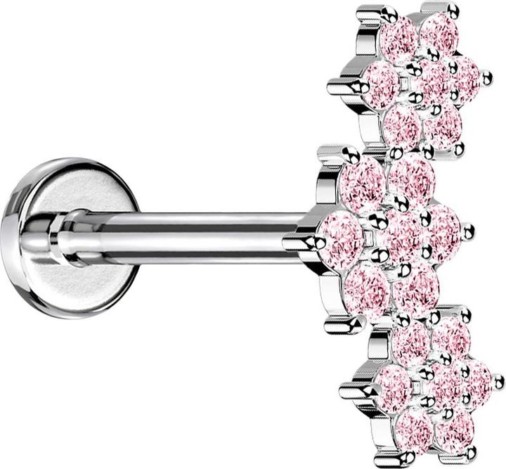 Produktbild Star Piercing Micro Labret Innengewinde silber drei Blumen Kristalle pink (Chirurgenstahl 316L, Messing)