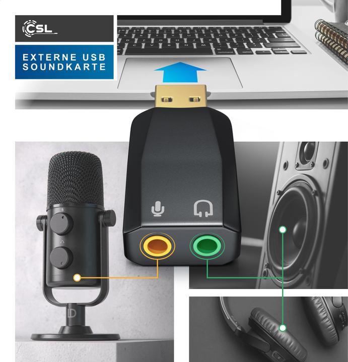 Image du produit CSL Carte son USB 5.1 canaux, Externe, 5.1 Virtual Surround, Connecteurs Line-Out & Microphone-In, noir (USB 2.0)