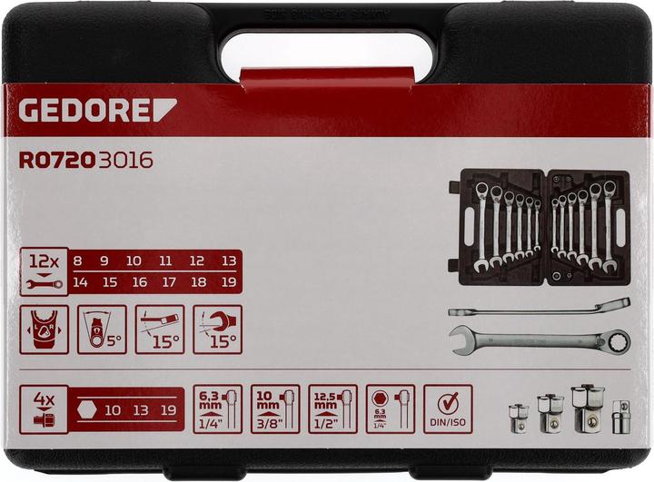 Actual product image Gedore red R07203016 Combination ratchet open-end spanner set SW8-19 mm 16 pieces (19 mm, 8 mm, 10 mm, 14 mm, 18 mm, 11 mm, 12 mm, 17 mm, 15 mm, 13 mm, 9 mm, 16 mm)