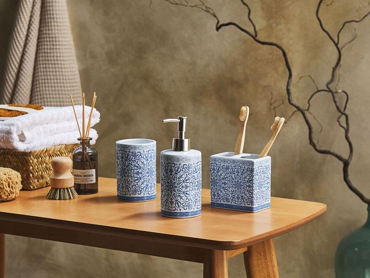 Immagine prodotto Beliani Set da bagno 3 pezzi in ceramica blu/bianco CARORA (8 x 8 x 19 cm)