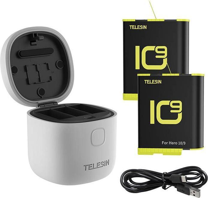 Actual product image Telesin 3-slot waterproof charger Allin box for GoPro Hero 9 / Hero 10 + 2 batteries (GP-BTR-905-GY- (Hero 10, Hero 9)