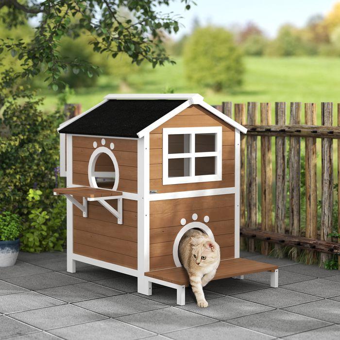 Immagine prodotto Swisshandel24 Katzenhaus aus Holz Katzenhöhle mit Fenster, Balkon für Indoor, Outdoor Braun (Gatto)