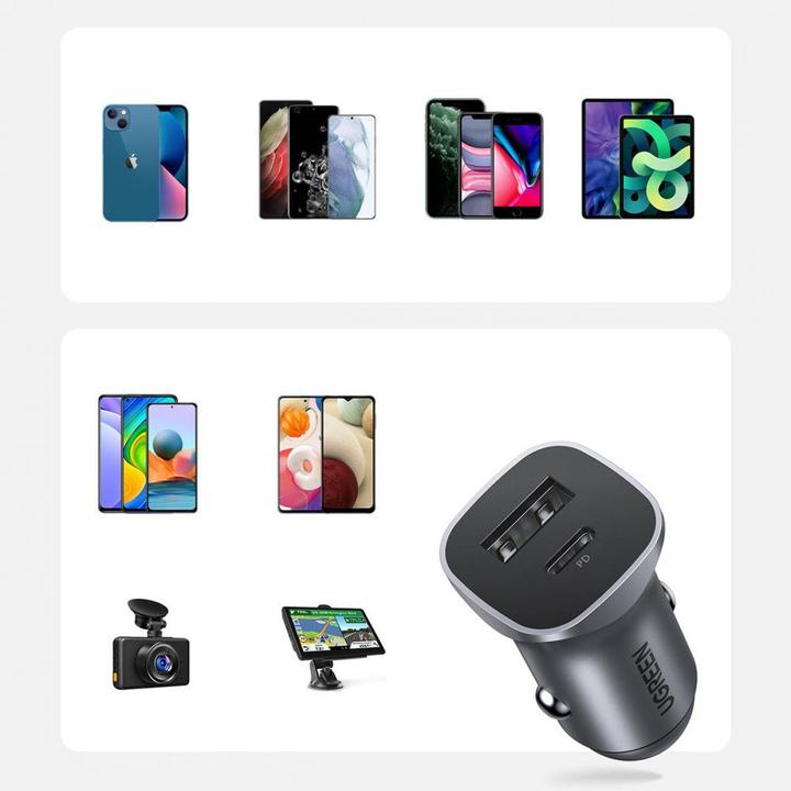 Actual product image Ugreen CD130 Car Charger, USB-A+PD 3.0, USB-C, QC3.0 30W (Grey)