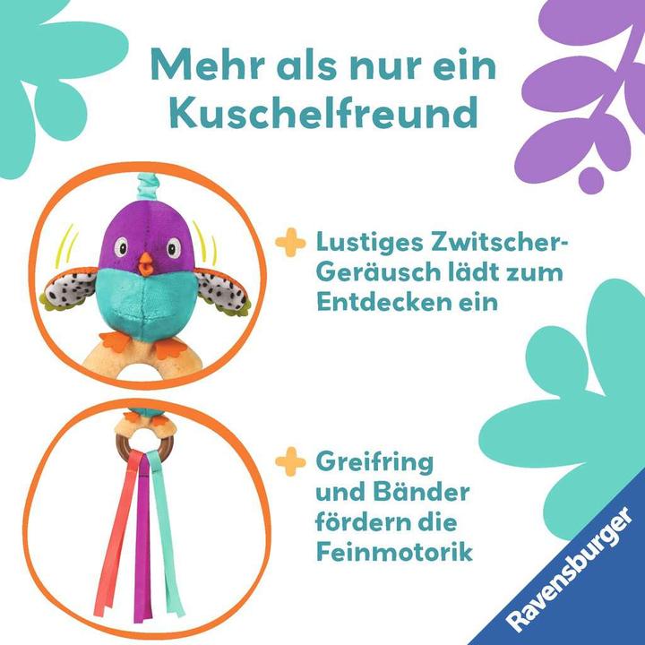 Produktbild Ravensburger 4853 play+ Zwitscher-Vogel, Holz-Greifling, Kuscheltier mit Zwitscher-Bauch